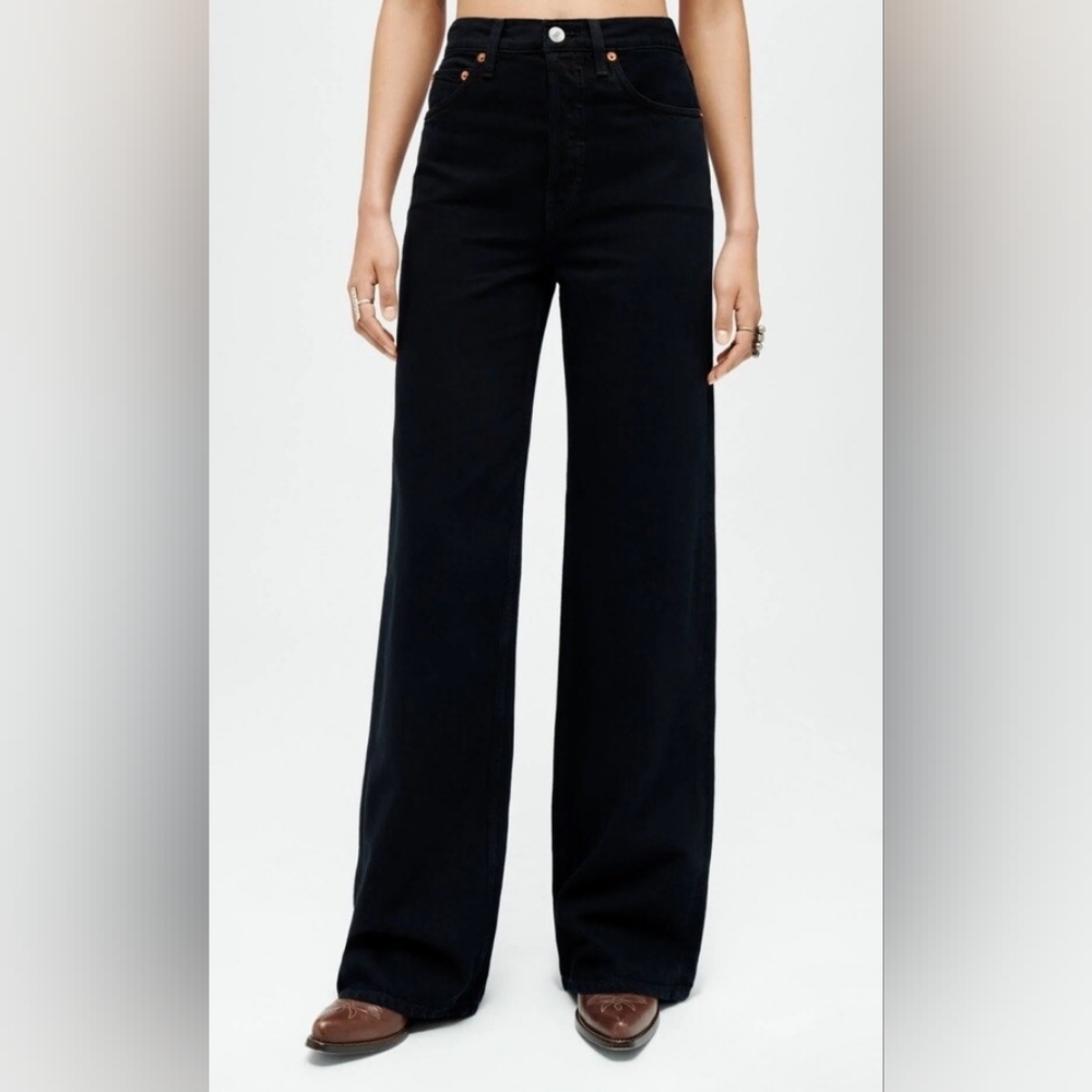 Re/Done | 70s Ultra High Rise Wide Leg Jeans In Black Stone Size 24